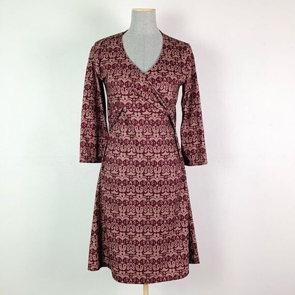 Prana Twist Front Faux Wrap Dress Size M Print 3/4 Sleeve - Picture 1 of 8